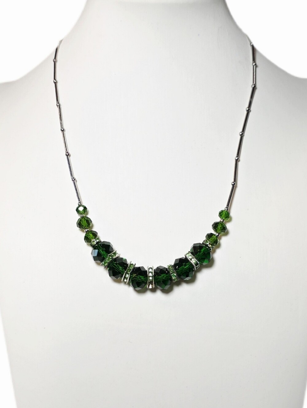 Faceted Green and Green Crystal Beaded Silver-Tone Necklace